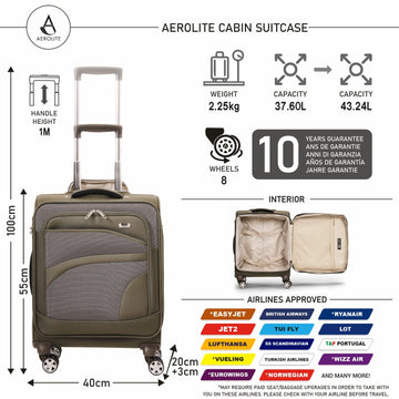 Aerolite Expandable 55x40x20cm to 55x40x23cm 4-Wheel Cabin Suitcase – MAX Size for Ryanair Priority & Wizz Air, Lufthansa, Ultra Lightweight Soft Shell Carry On with TSA Lock - Midnight Fern