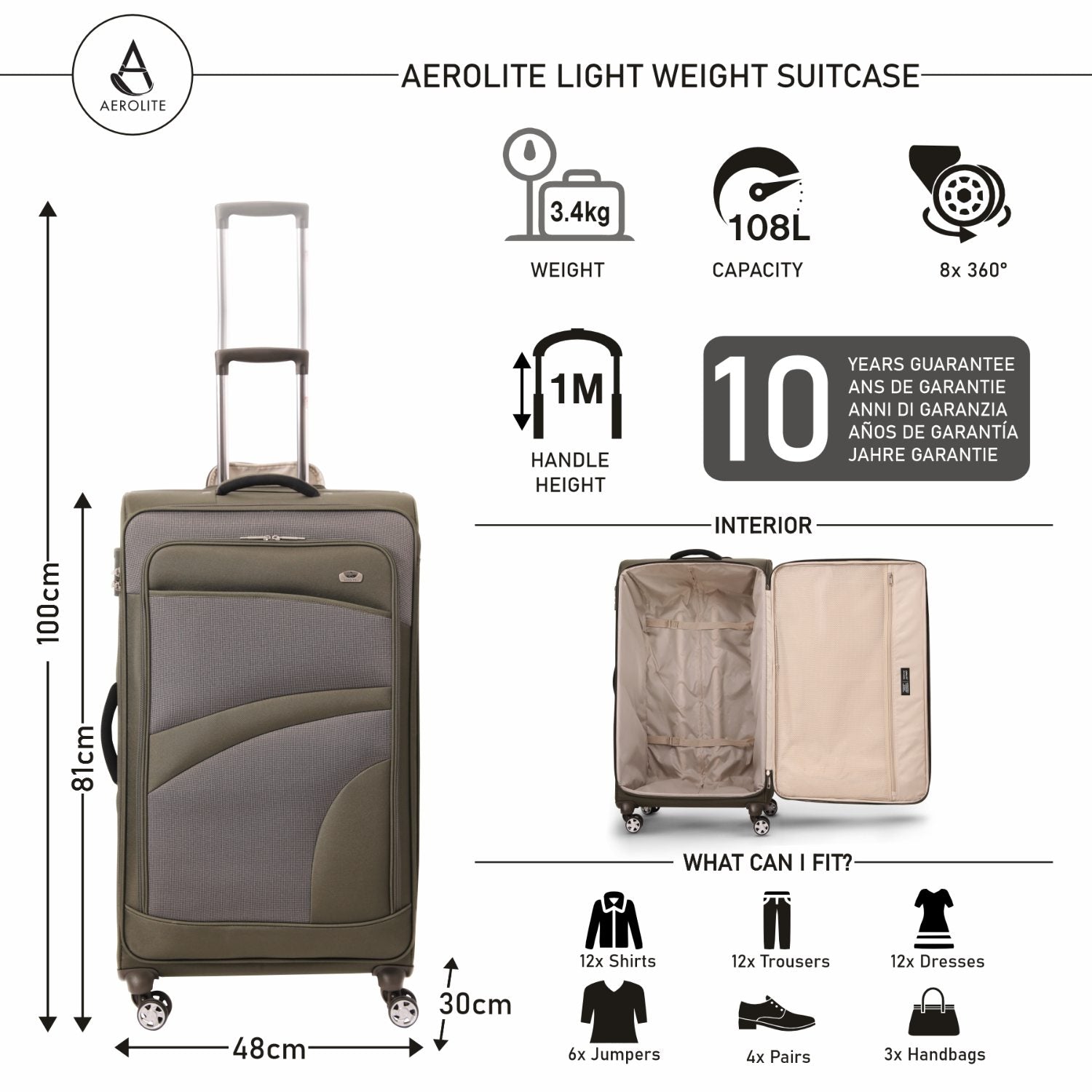 Aerolite 30" Super Lightweight Soft Shell Large Checked In Hold Luggage Suitcase with 8 Wheels, 108L Capacity - Midnight Fern