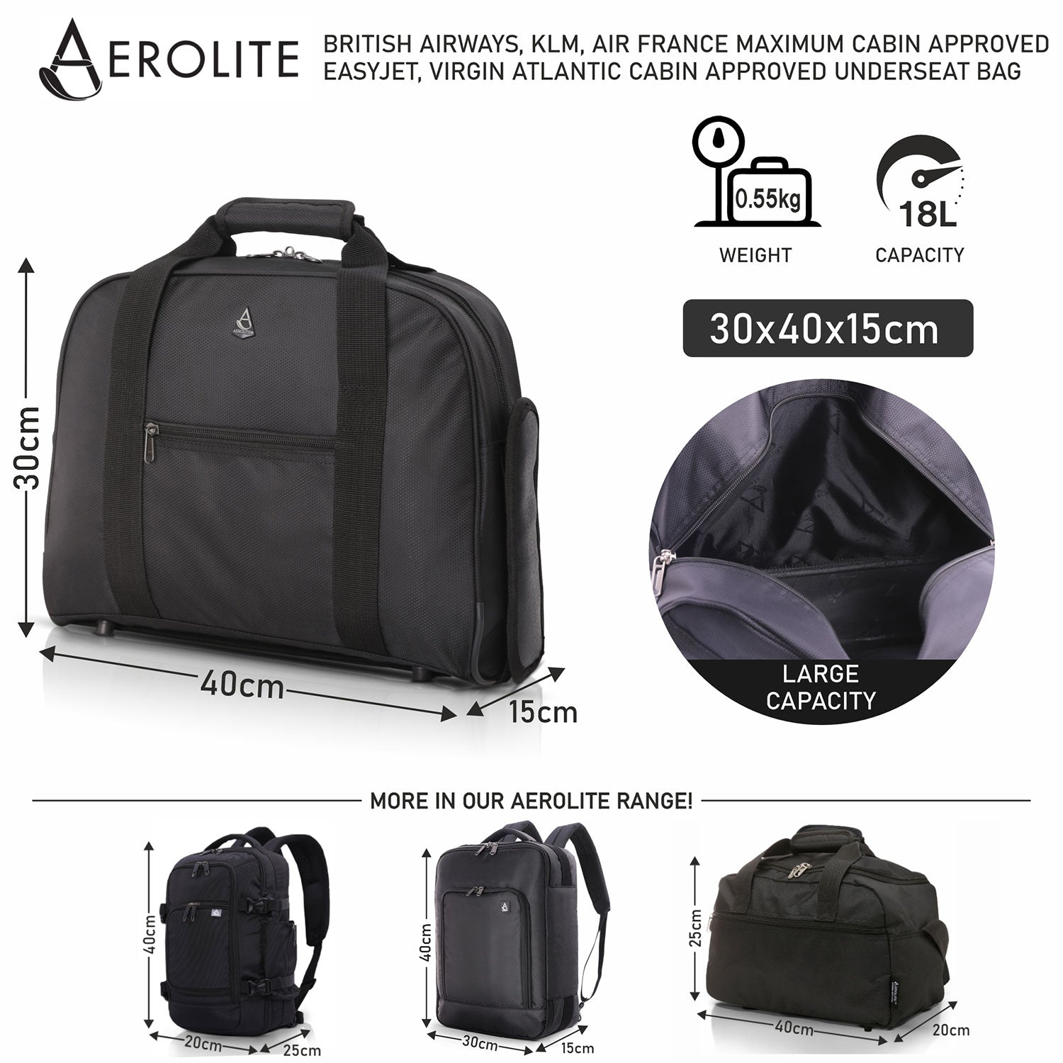 AEROLITE (40x30x15cm) British Airways Maximum, KLM, Air France, Turkish Airlines Maximum Allowance Size Holdall, Cabin Luggage Under Seat Flight Bag, Black