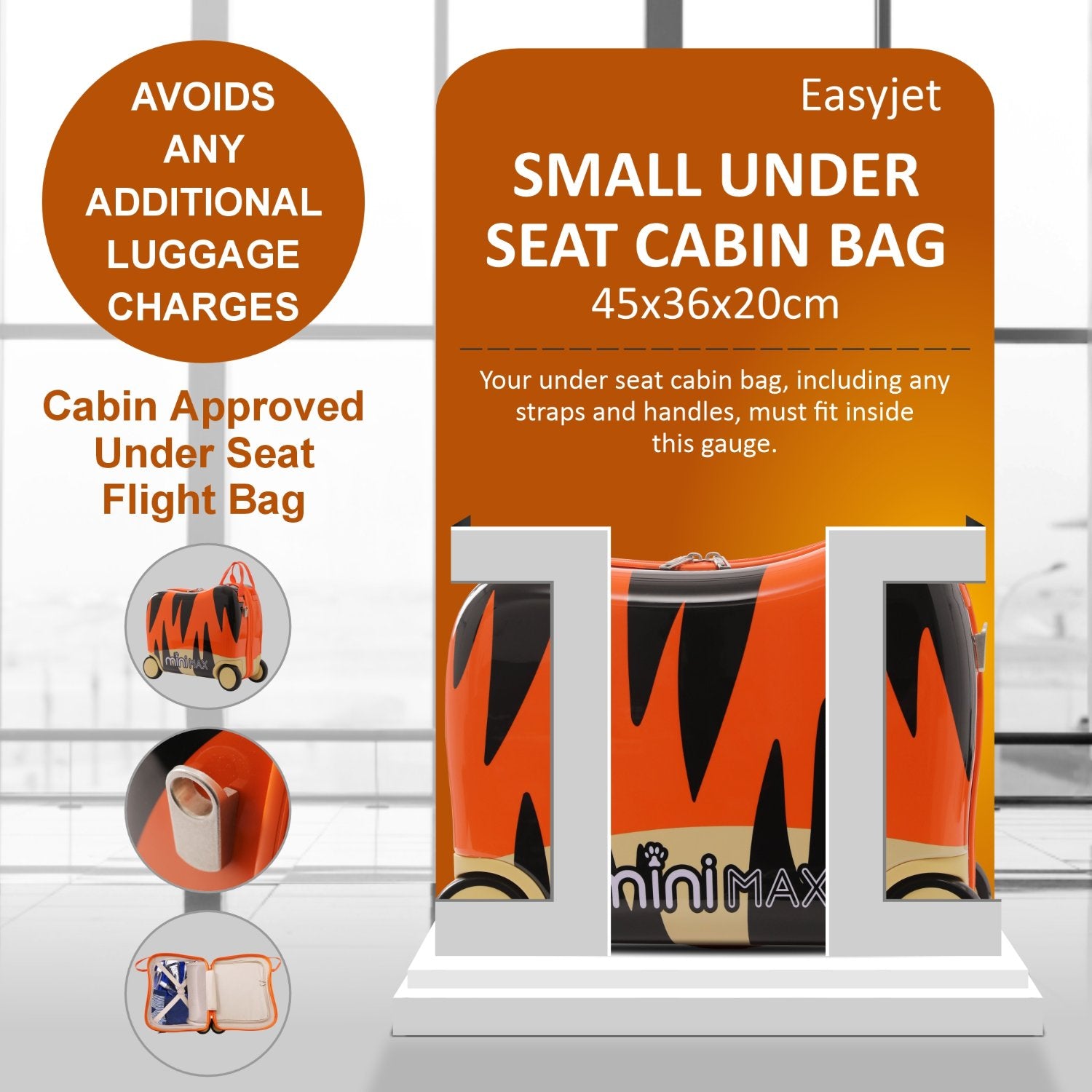 MiniMax 45x36x20cm Kids Tiger Ride-On Suitcase 4PC Set – EasyJet Max Size 29L Children’s Cabin Luggage with Drawstring Bag, Neck Pillow & Stickers