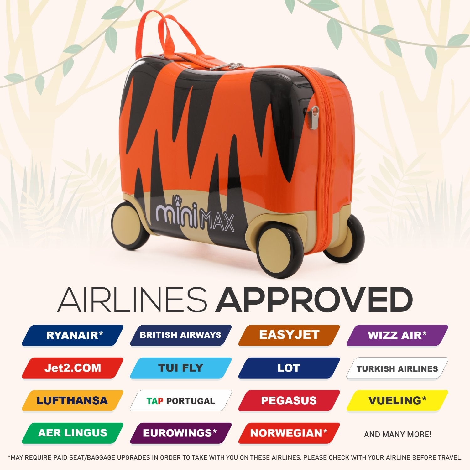 MiniMax 45x36x20cm Kids Tiger Ride-On Suitcase 4PC Set – EasyJet Max Size 29L Children’s Cabin Luggage with Drawstring Bag, Neck Pillow & Stickers