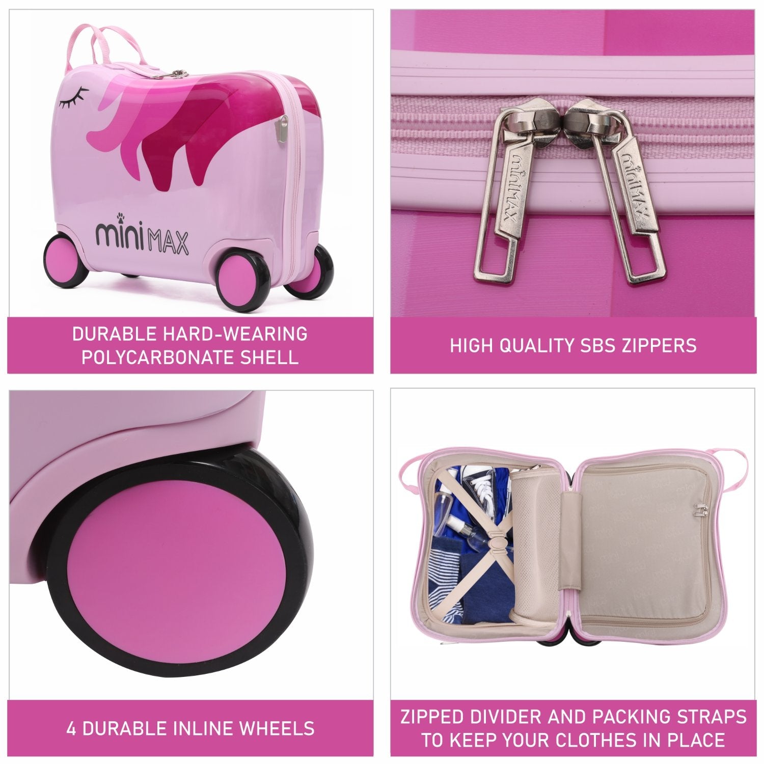 MiniMax Kids Ride-On Suitcase 45x36x20cm – Unicorn 4PC Travel Set with Bag, Neck Pillow & Stickers – EasyJet Max Size 29L Children’s Cabin Luggage