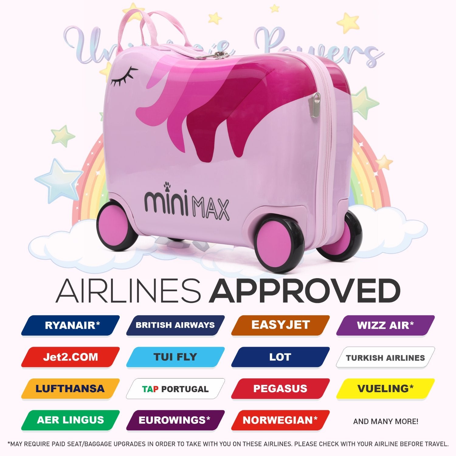 MiniMax Kids Ride-On Suitcase 45x36x20cm – Unicorn 4PC Travel Set with Bag, Neck Pillow & Stickers – EasyJet Max Size 29L Children’s Cabin Luggage