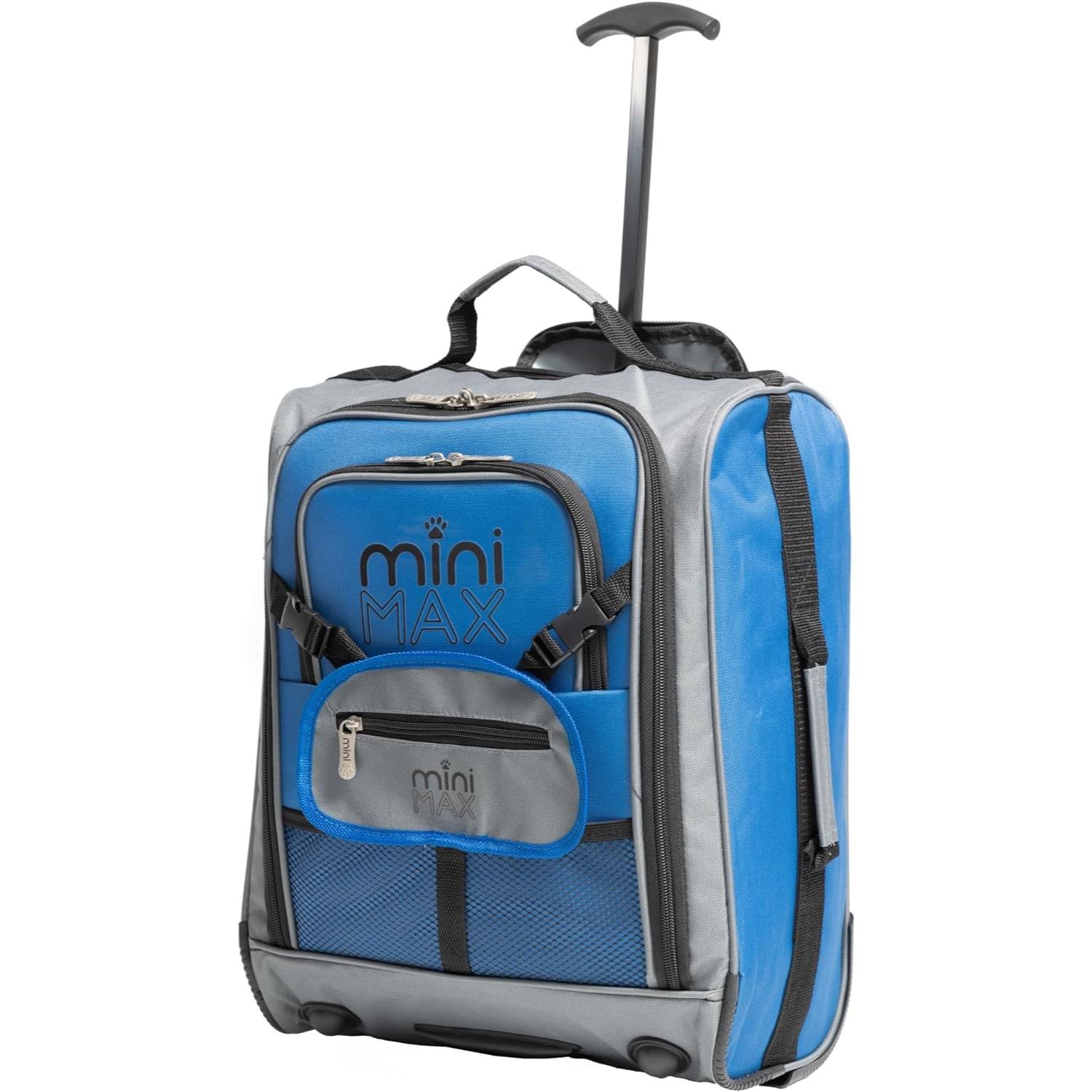 Aerolite MiniMAX blue suitcase with backpack and pouch, featuring compact 45x36x20cm dimensions and telescopic handle.