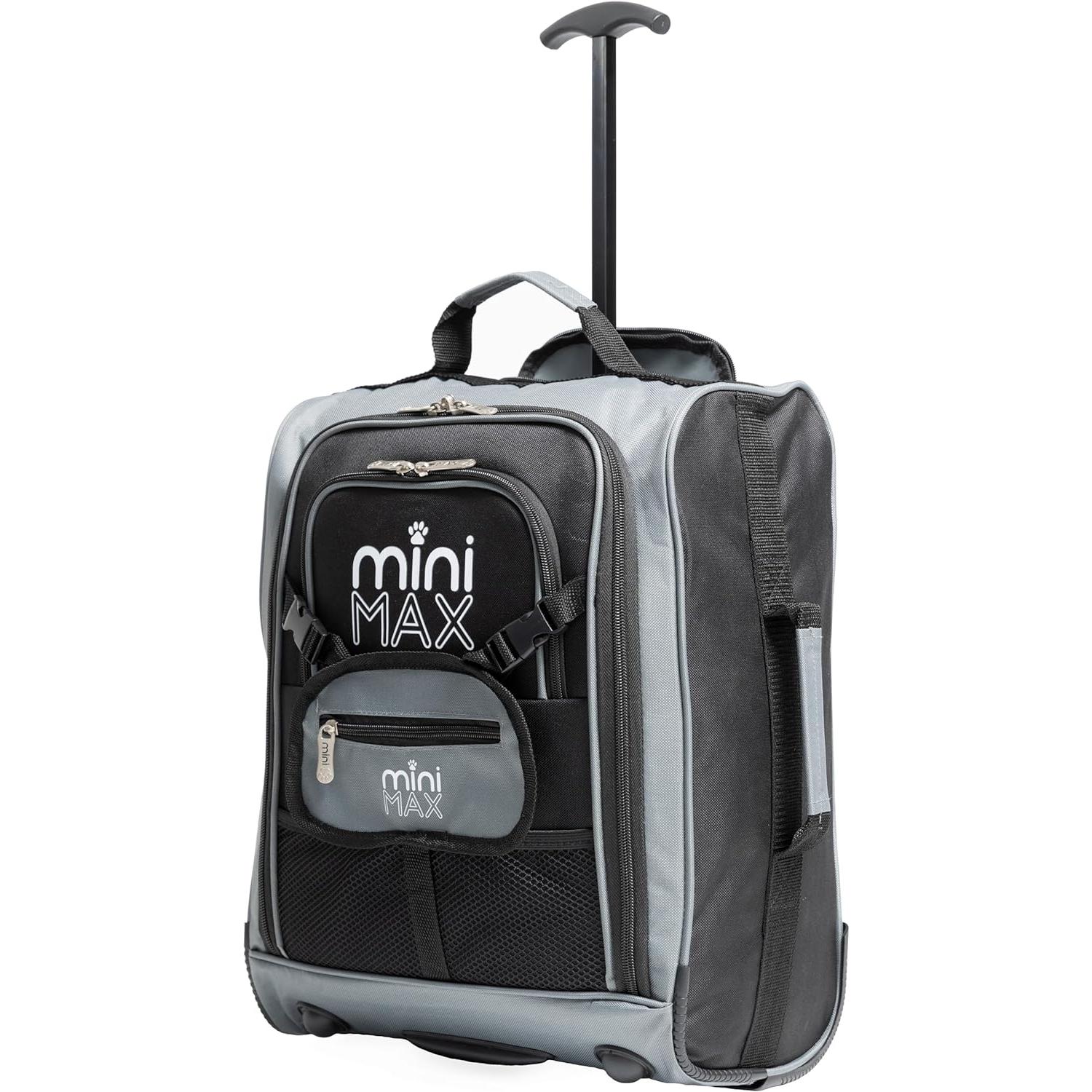 Aerolite MiniMAX black suitcase with backpack and pouch, featuring compact 45x36x20cm dimensions and telescopic handle.