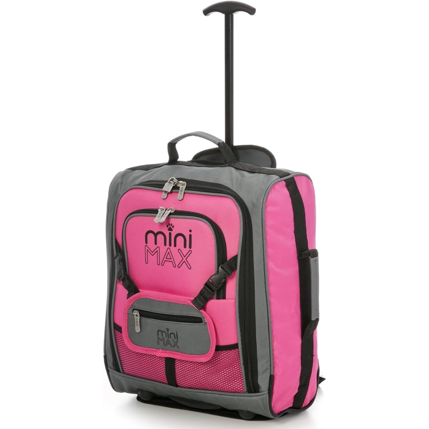 Aerolite MiniMAX pink suitcase with backpack and pouch, featuring compact 45x36x20cm dimensions and telescopic handle.