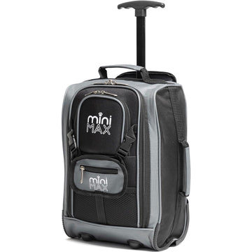 Aerolite MiniMax trolley backpack in black and grey with retractable handle, adjustable front pouch, and smooth wheels, 40x20x25cm size.