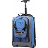 Aerolite MiniMax trolley backpack in blue and grey with retractable handle, adjustable front pouch, and smooth wheels, 40x20x25cm size.