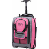 Aerolite MiniMax trolley backpack in pink and grey with retractable handle, adjustable front pouch, and smooth wheels, 40x20x25cm size.