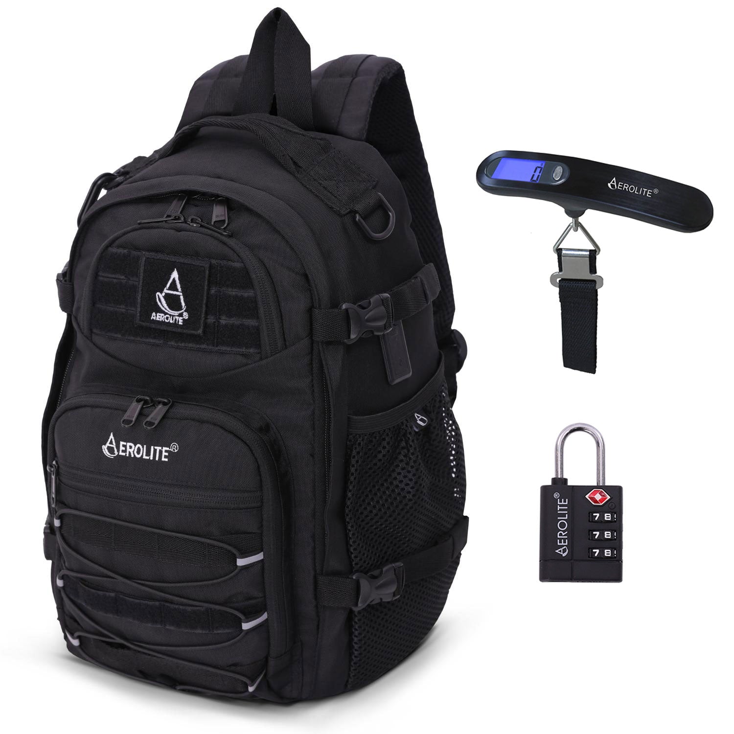 Aerolite 40x20x25cm Ryanair Maximum Premium Quality Eco - Friendly Tactical Backpack, Shower - Resistant Backpack For Camping Hiking Trekking, 20L Approved Travel Carry On Flight Rucksack with 10 Year Warranty + Luggage Scale + TSA Lock - Aerolite UK