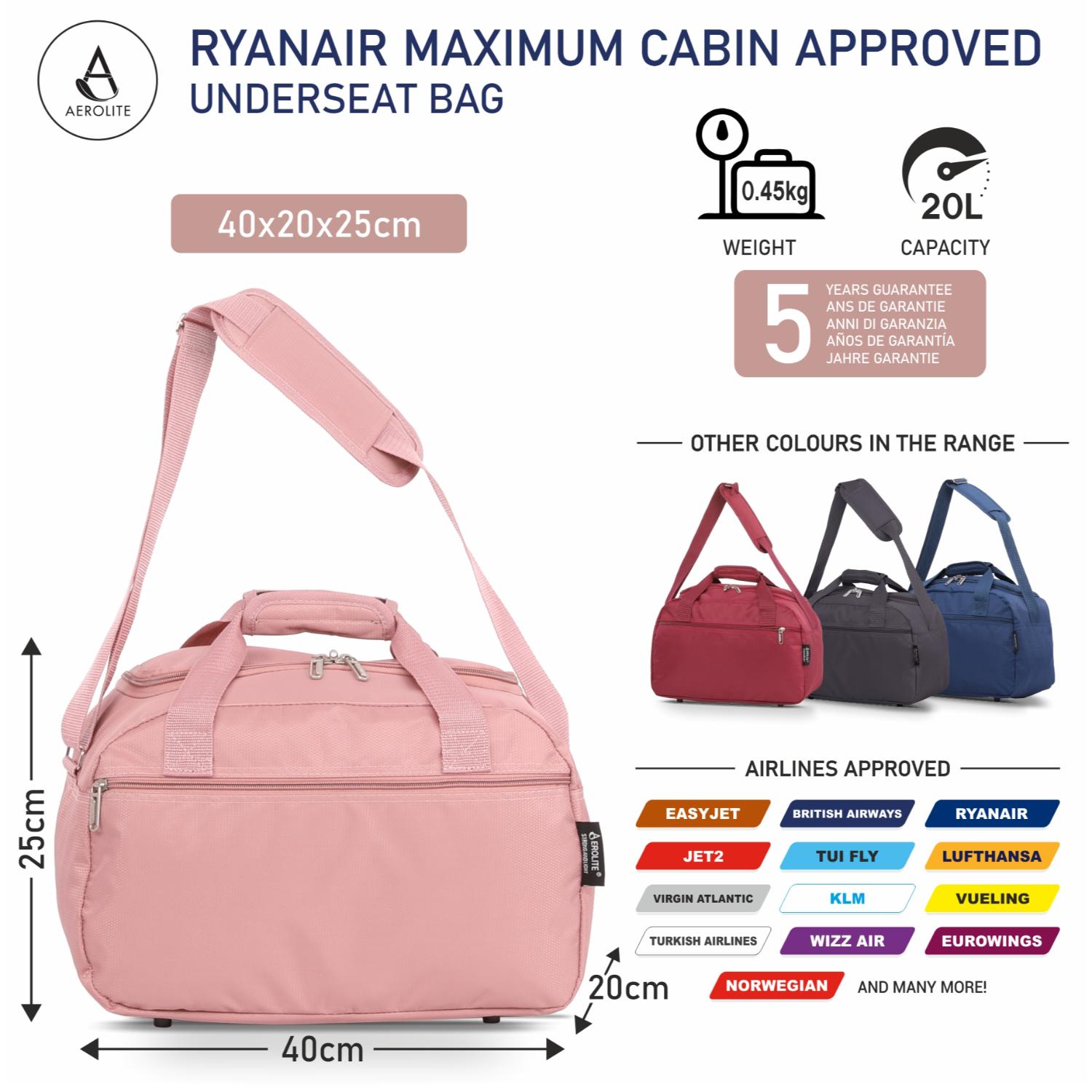 Aerolite Ryanair Maximum Cabin Bag (40x20x25cm) With 5 Years Guarantee, New and Improved 2024 Holdall Cabin Luggage Under Seat Flight Bag - Aerolite UK