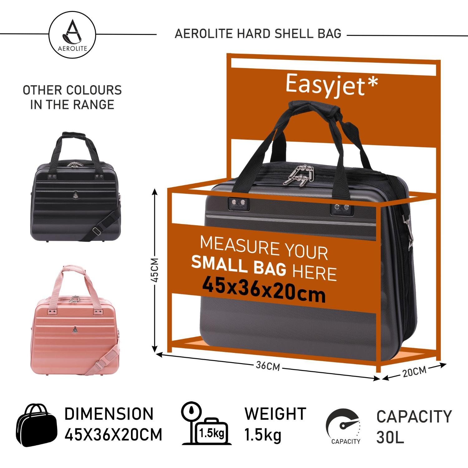 Aerolite Easyjet Maximum Size 45x36x20cm New Summer 2024 Hand Cabin Approved Luggage, Hardshell Carry On Holdall Shoulder Under Seat Flight Bag With 2 Years Of Warranty - Aerolite UK