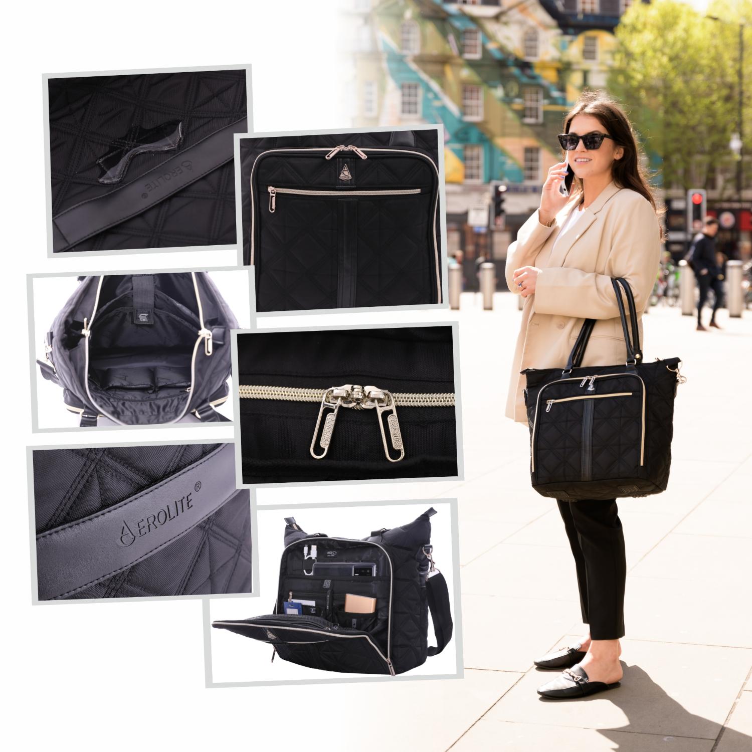 Aerolite 45x36x20cm easyJet Maximum Super Premium Quality Eco Friendly Laptop Bag - Fits up to 16.5", Overnight Hand Cabin Luggage Shoulder Bag Quilted with 10 Year Warranty (Black) + Luggage Scale + TSA Lock - Aerolite UK