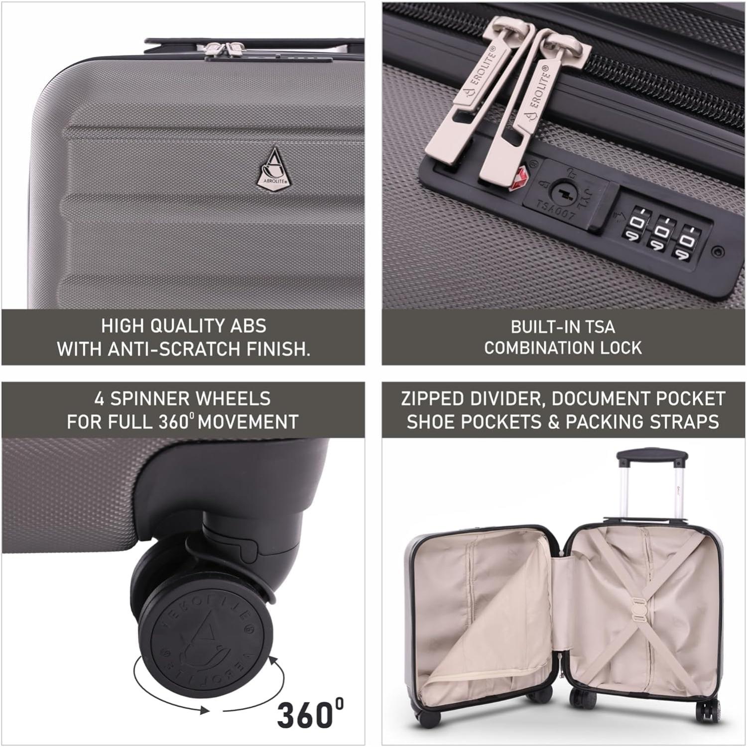 Aerolite 45x36x20cm easyJet Maximum Size 8 Wheel ABS Hard Shell Carry On Hand Cabin Luggage Underseat Flight Travel Bag Spinner Suitcase 45x36x20 with TSA Lock & 5 Year Warranty - Aerolite UK