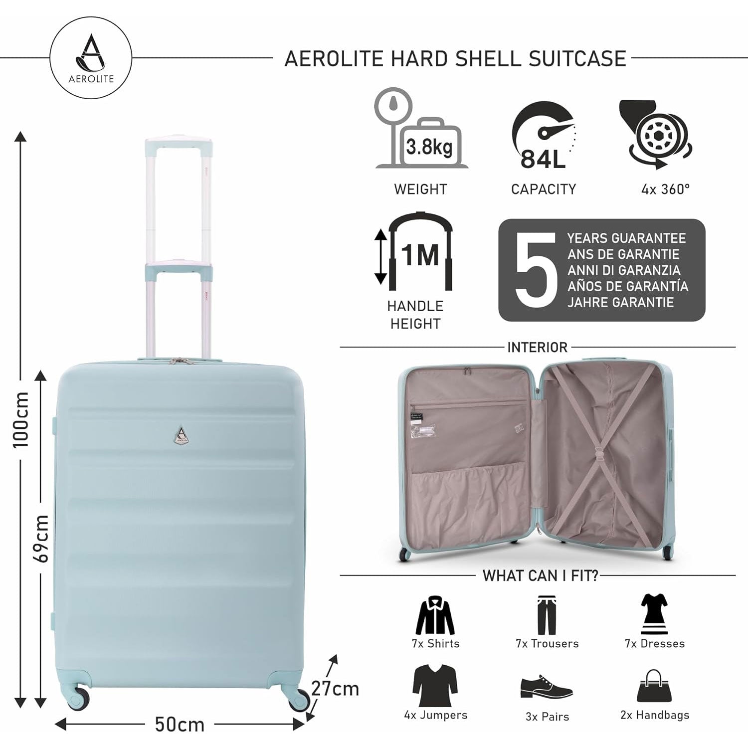 Aerolite 25" (69x50x27cm) Medium Lightweight Hard Shell Luggage Suitcase with 4 Wheels, 82L Capacity - Aerolite UK