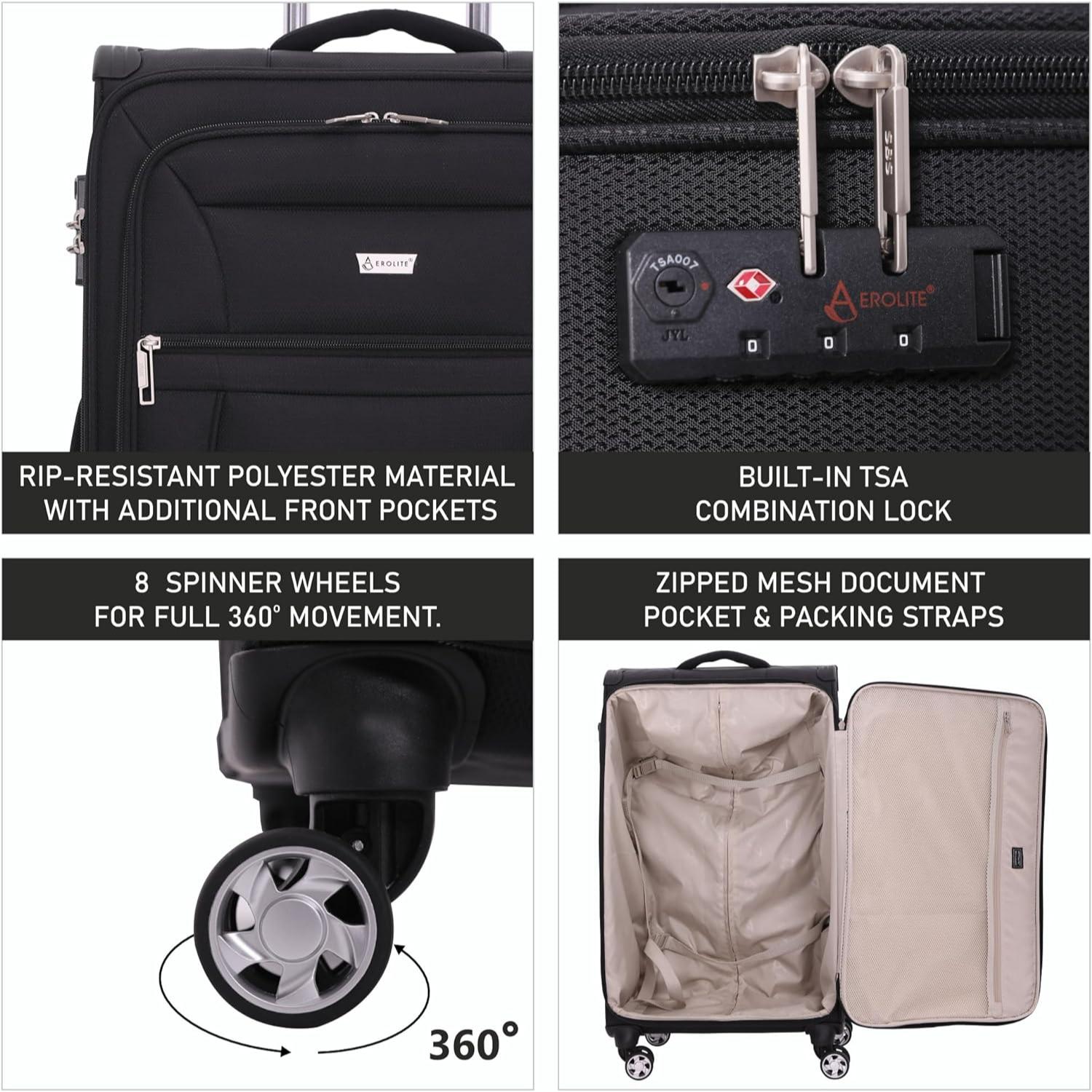 Aerolite Reinforced Super Strong and Light 4 Wheel Lightweight Hold Check in Luggage Suitcase With 3-Digit Combination Barrel Padlock, Double-Tube Retractable Trolley Handle, 10 Year Guarantee - Aerolite UK