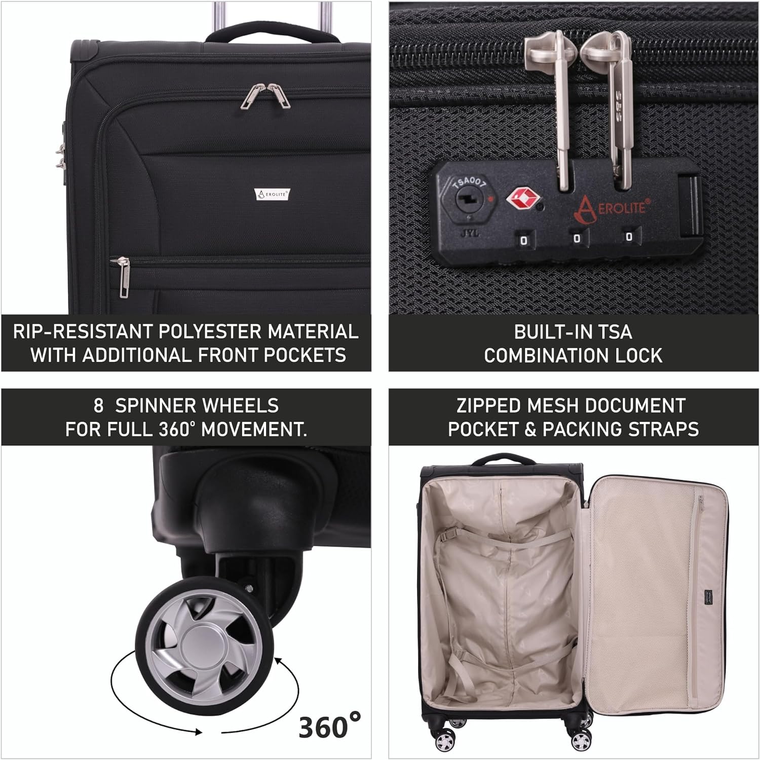 Aerolite Reinforced Super Strong and Light 4 Wheel Lightweight Hold Check in Luggage Suitcase With 3-Digit Combination Barrel Padlock, Double-Tube Retractable Trolley Handle, 10 Year Guarantee - Aerolite UK