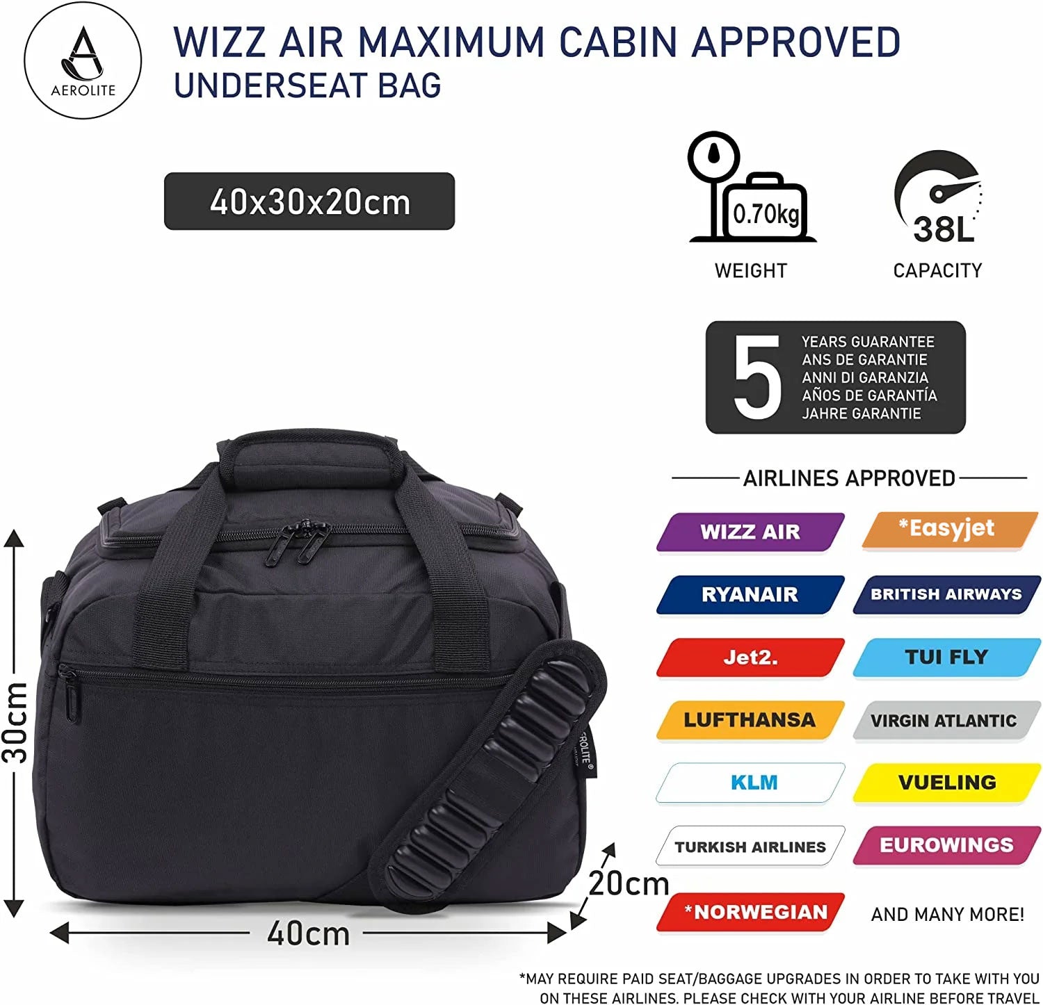 Aerolite 40x30x20 Ryanair & Wizz Air Maximum Size Cabin Bags with 5 Year Guarantee Foldable Carry On Premium Bag Holdall Small Lightweight Cabin Luggage Under seat Flight Travel Duffel Bag (Backpack + Holdall)