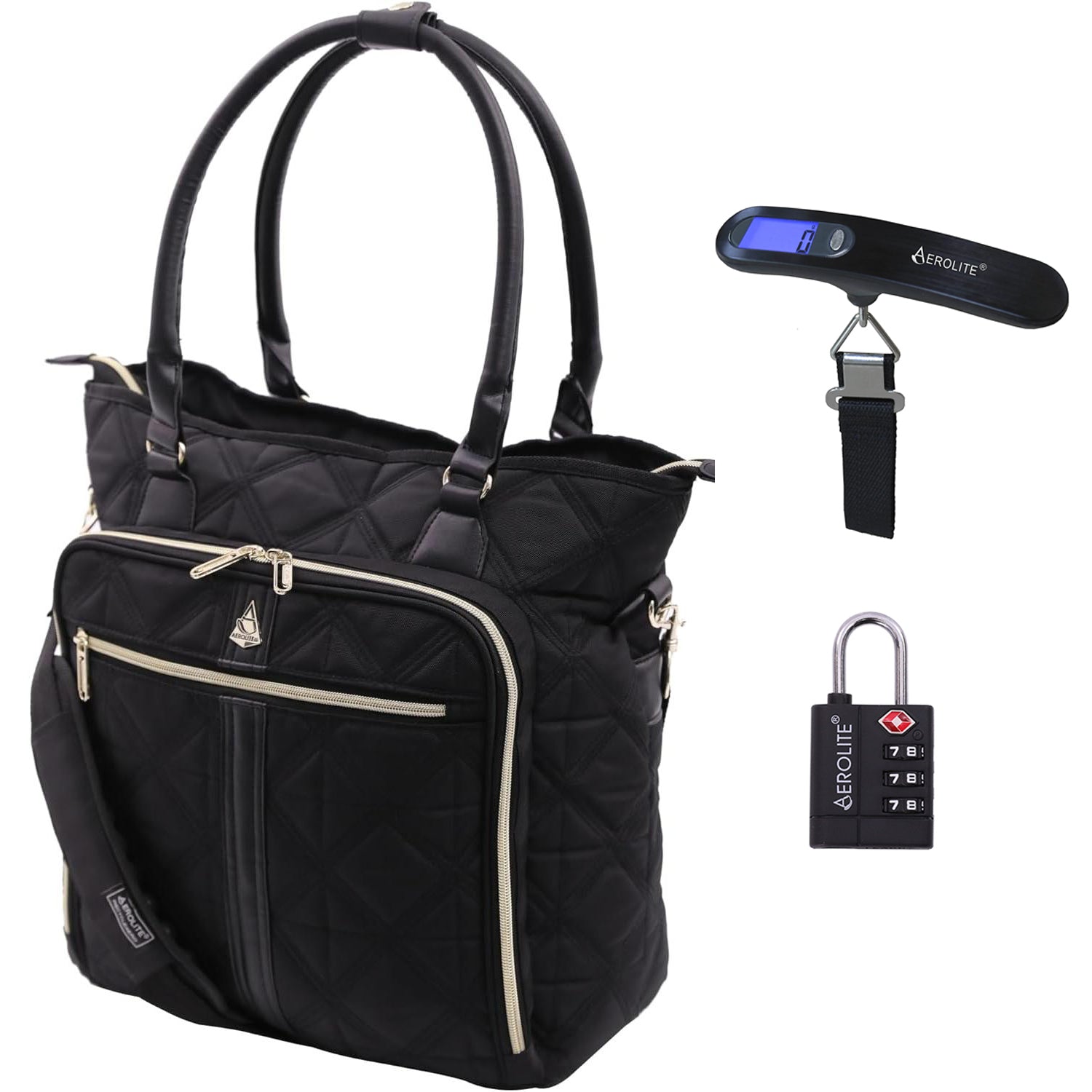 Aerolite 45x36x20cm easyJet Maximum Super Premium Quality Eco Friendly Laptop Bag - Fits up to 16.5", Overnight Hand Cabin Luggage Shoulder Bag Quilted with 10 Year Warranty (Black) + Luggage Scale + TSA Lock - Aerolite UK