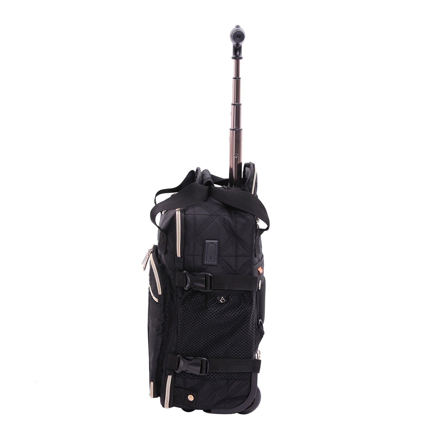 Aerolite 40x20x25cm Ryanair eco-friendly quilted backpack trolley bag with 2 wheels and extendable handle, side view showing premium design.