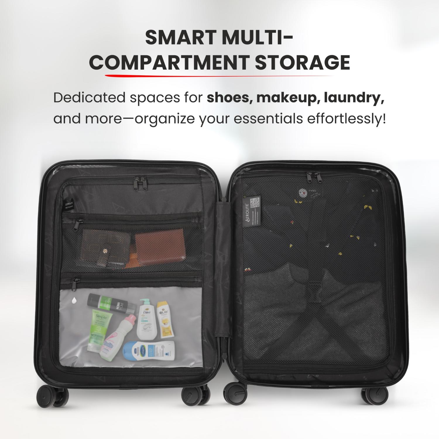 Aerolite M-Lite Smart 21” Cabin Suitcase – Silent & Smooth Hinomoto Wheels with Brake Button, Front Laptop Pocket, Durable PP Polypropylene, USB Charging, TSA Lock, 55x40x23cm