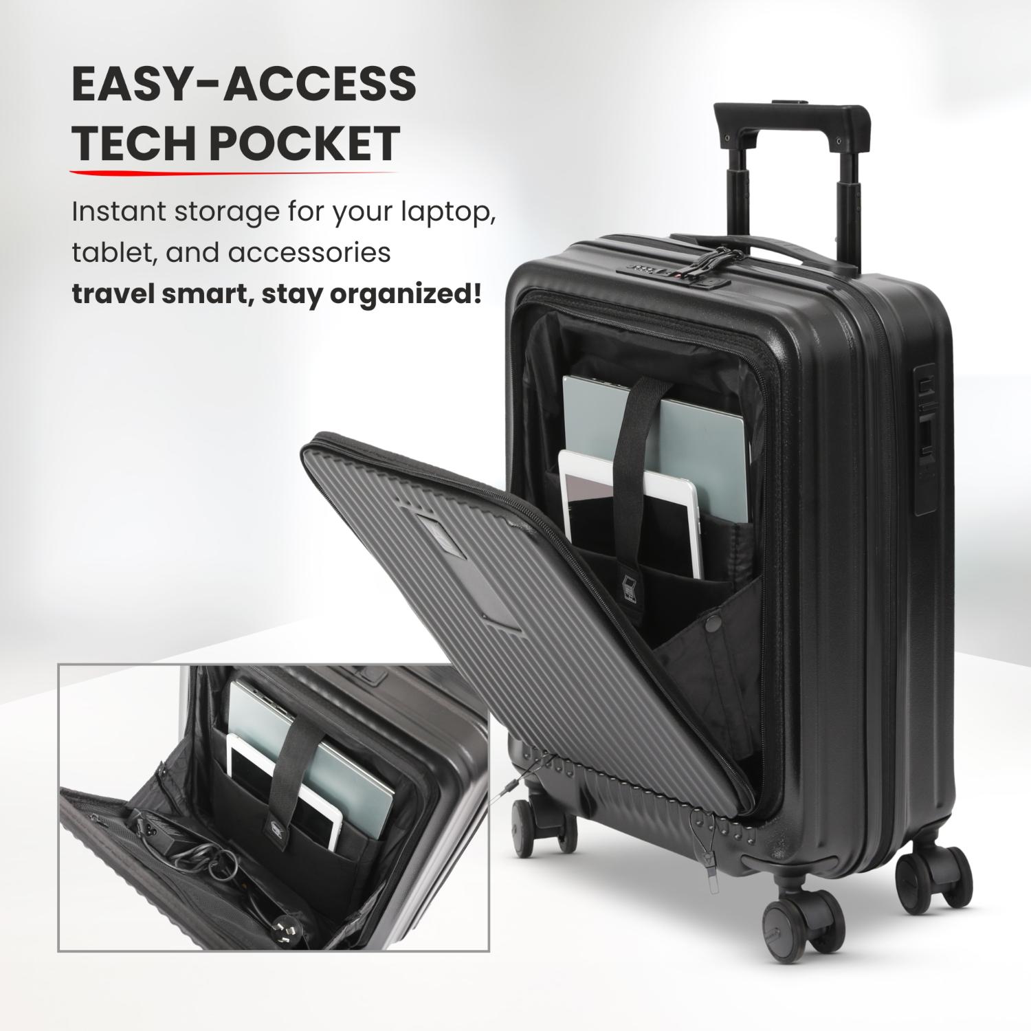 Aerolite M-Lite Smart 21” Cabin Suitcase – Silent & Smooth Hinomoto Wheels with Brake Button, Front Laptop Pocket, Durable PP Polypropylene, USB Charging, TSA Lock, 55x40x23cm