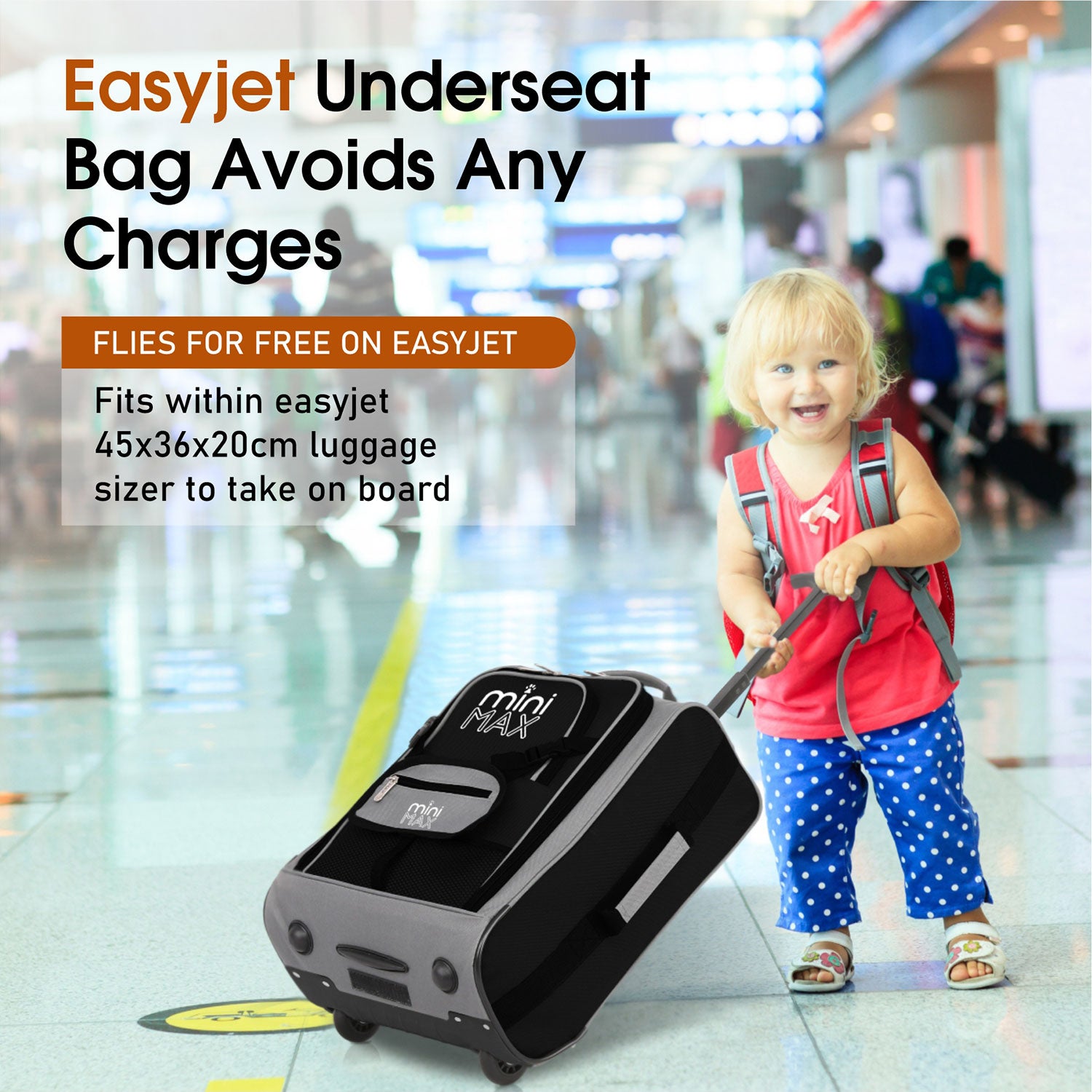 Aerolite MiniMAX black suitcase in an airport setting, designed to fit EasyJet under-seat luggage requirements.