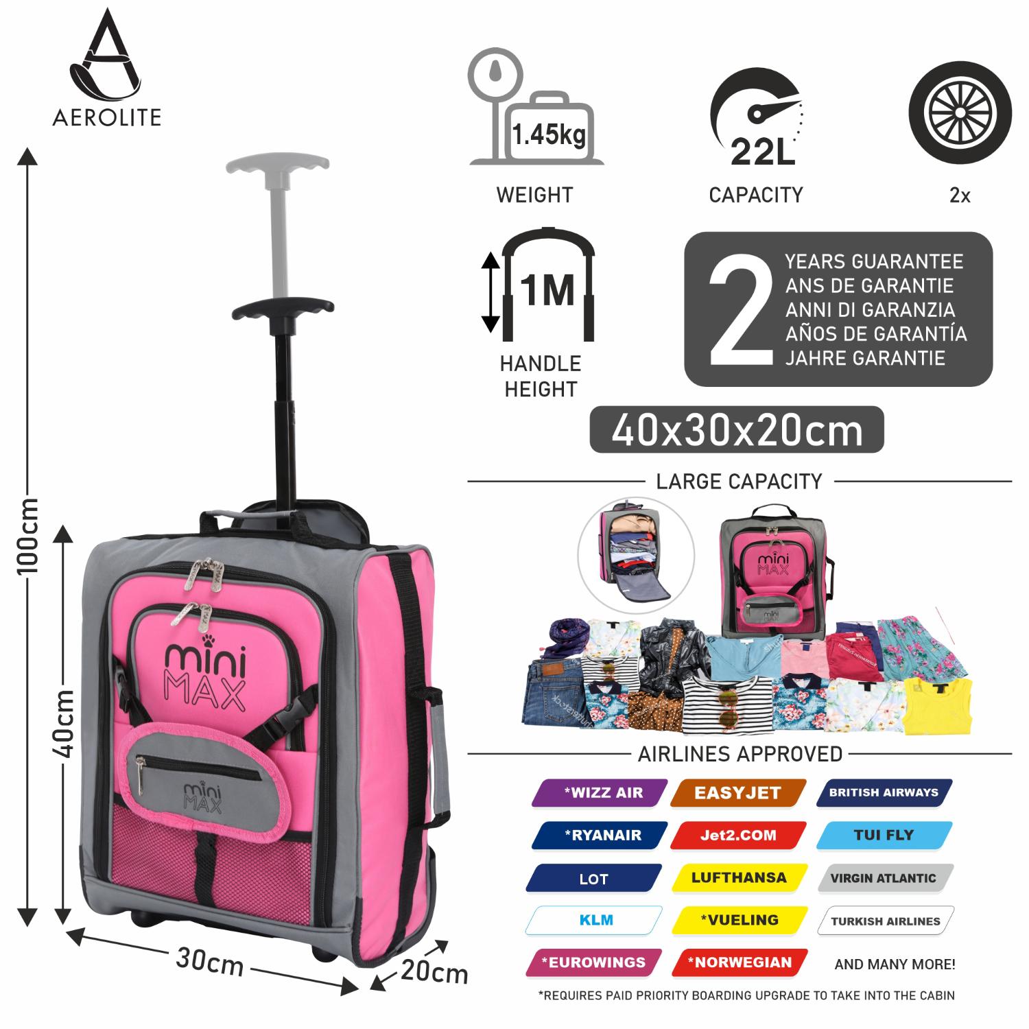 Aerolite MiniMAX New Ryanair 40x30x20 Maximum Size Cabin Underseat Trolley Backpack, also fits Wizz Air maximum size requirements, 2 Wheels