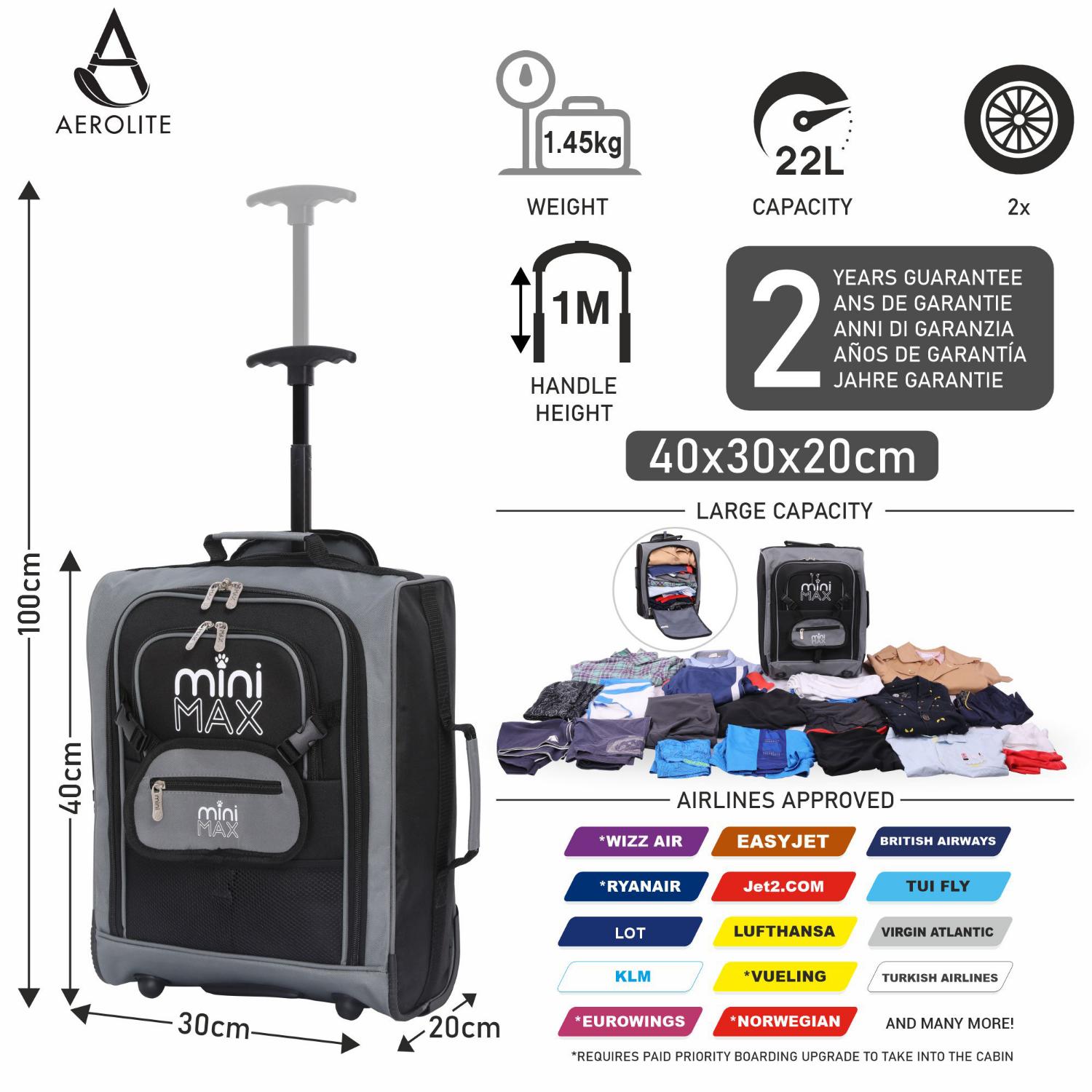 Aerolite MiniMAX 20L Wizz Air 40x30x20 Maximum Size Cabin Hand Luggage Under Seat Trolley Backpack Carry On Cabin Hand Luggage Bag 2 Wheel (Black) - Aerolite UK