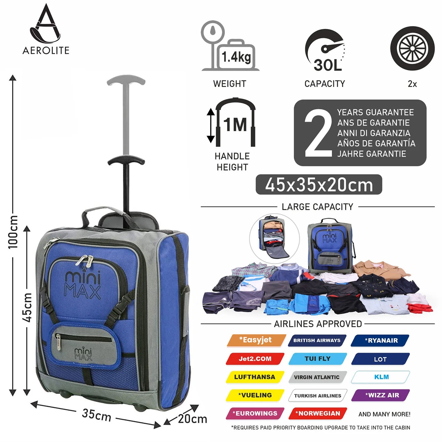 Aerolite MiniMAX blue suitcase with 30L capacity, 2-year warranty, and airline-approved under-seat dimensions of 45x35x20cm.