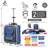 Aerolite MiniMAX blue suitcase with 30L capacity, 2-year warranty, and airline-approved under-seat dimensions of 45x35x20cm.