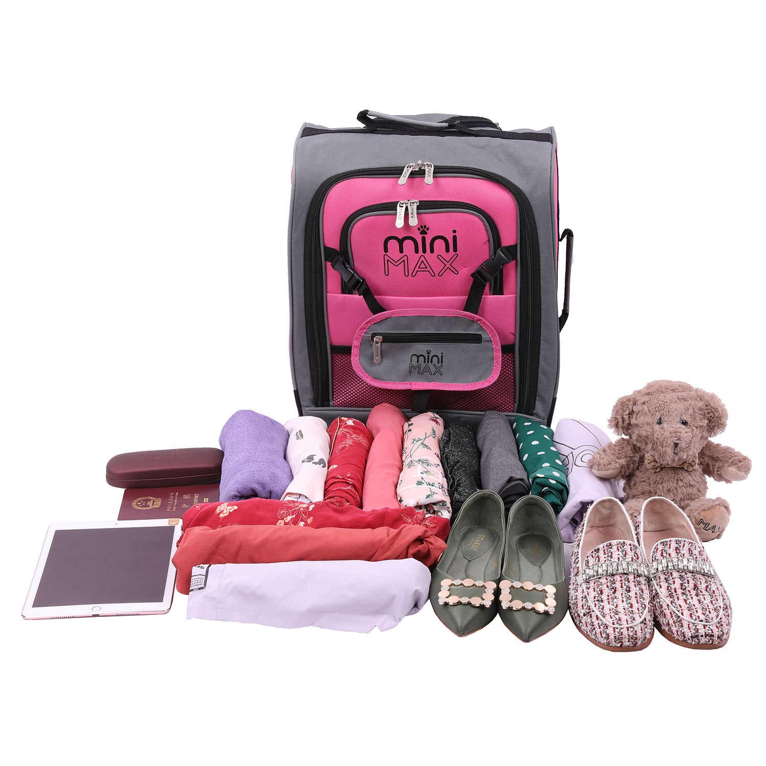Aerolite MiniMAX pink suitcase with travel essentials displayed, highlighting its spacious and organized interior.
