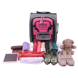 Aerolite MiniMAX pink suitcase with travel essentials displayed, highlighting its spacious and organized interior.
