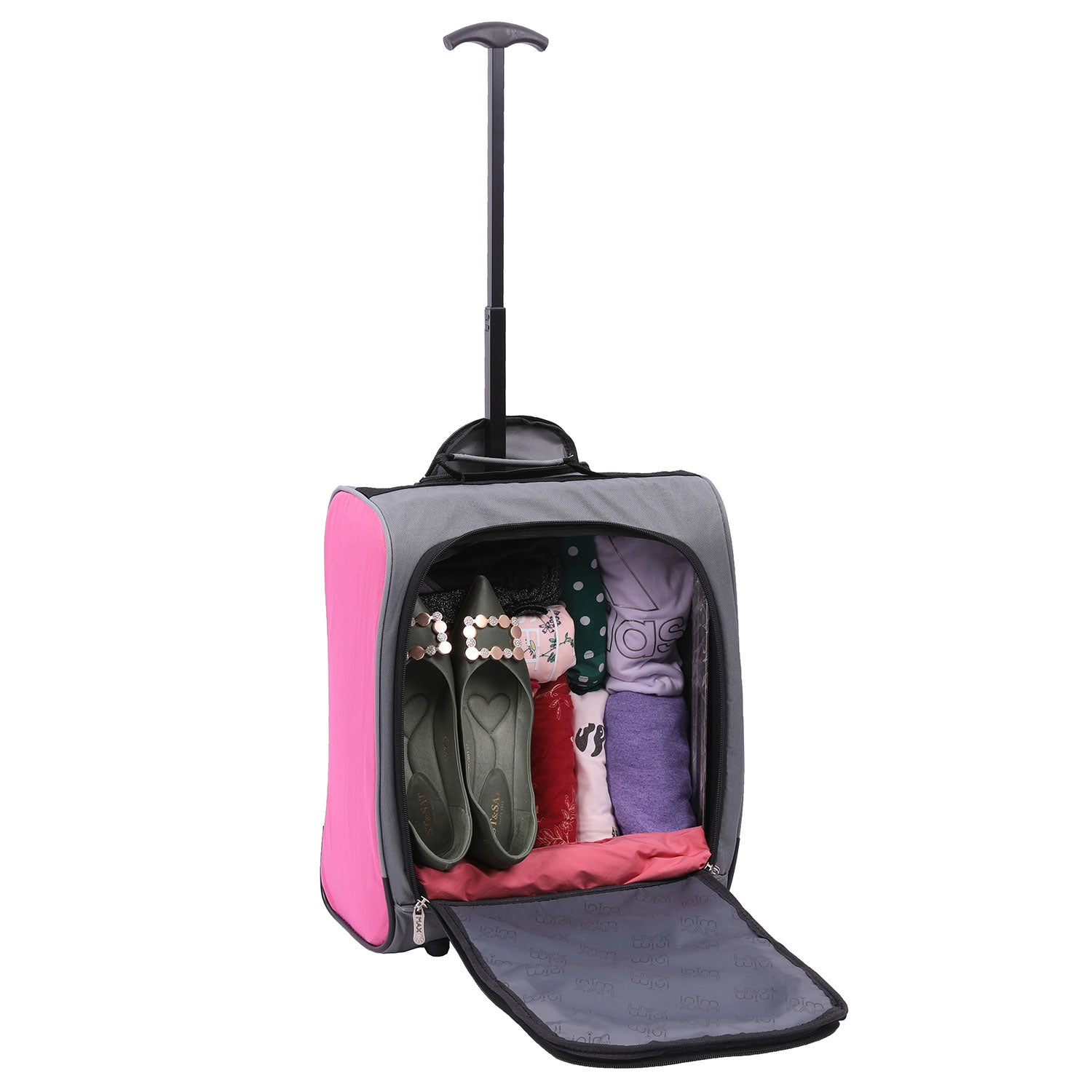 Aerolite MiniMAX pink suitcase with open compartment showing large packing capacity for clothes and travel essentials.