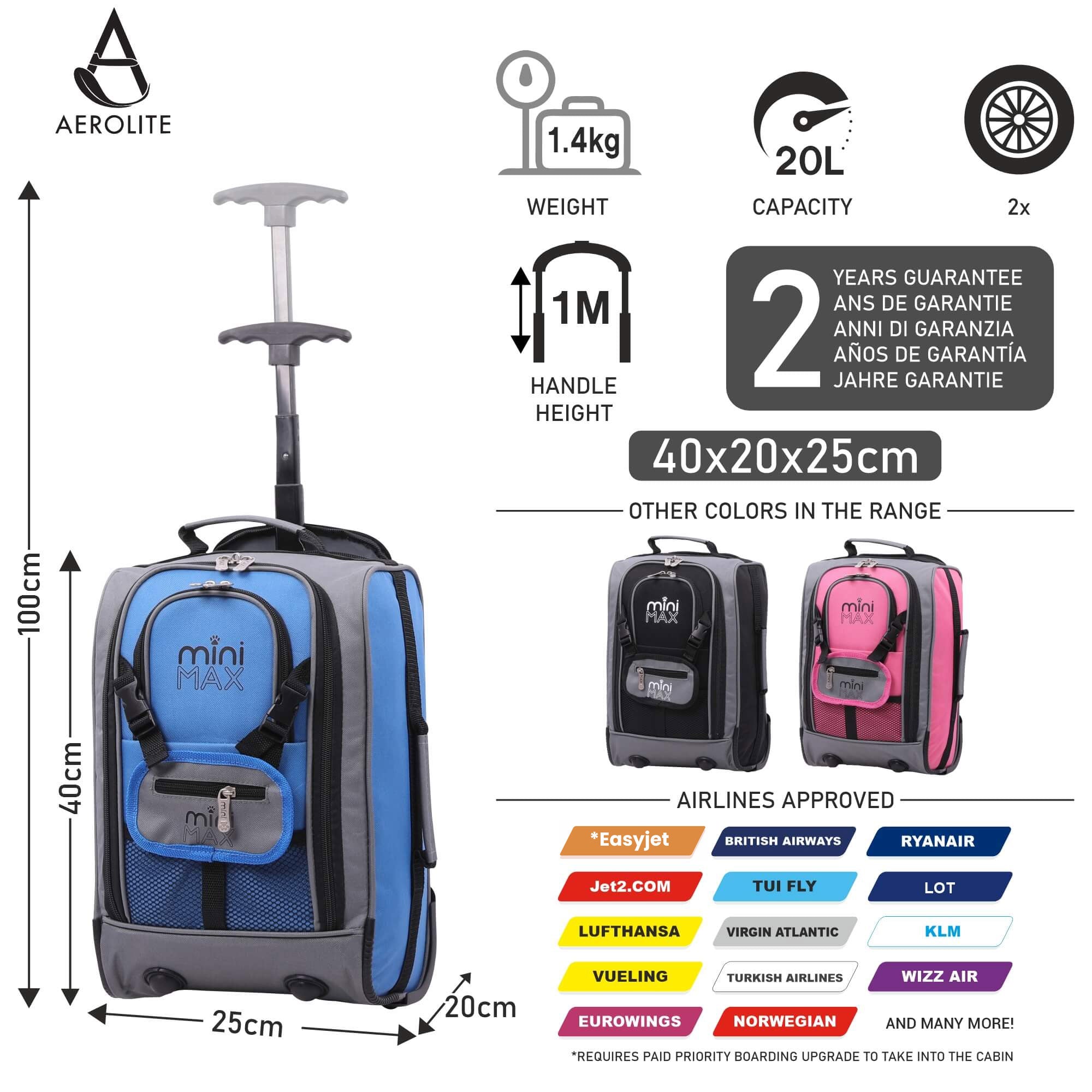Aerolite MiniMax trolley backpack in black, pink, and blue color options with dimensions, weight, and airline compatibility details.