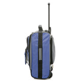 Side profile of Aerolite MiniMAX blue suitcase with durable fabric and lightweight construction for easy portability.