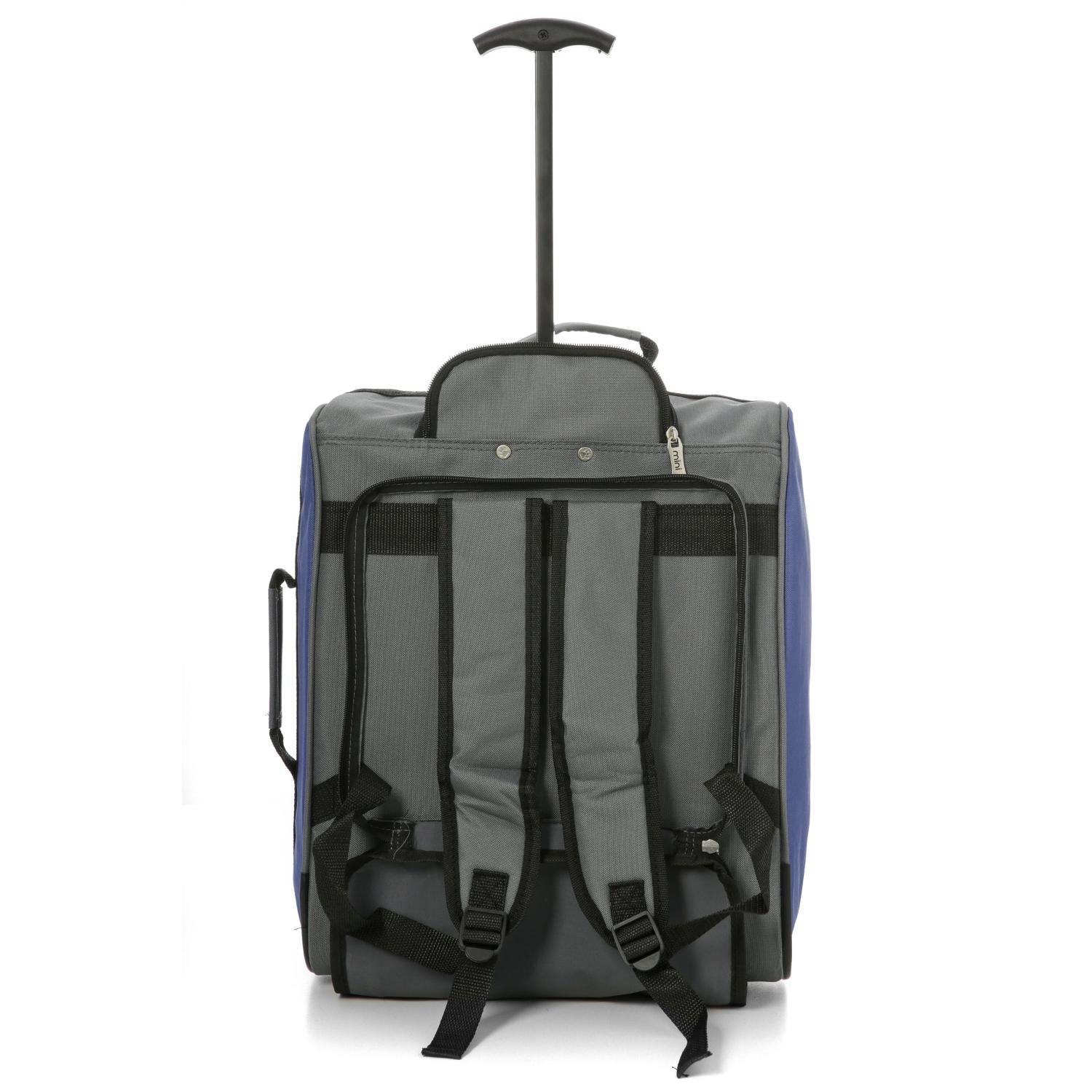 Rear view of Aerolite MiniMAX blue suitcase with backpack straps and sturdy wheels for travel convenience.