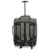 Rear view of Aerolite MiniMAX blue suitcase with backpack straps and sturdy wheels for travel convenience.