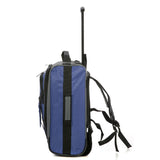 Side view of Aerolite MiniMAX blue suitcase with backpack straps and compact design for versatile travel use.