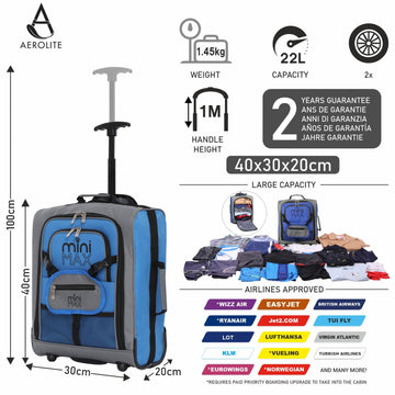 Aerolite MiniMAX New Ryanair 40x30x20 Maximum Size Cabin Underseat Trolley Backpack, also fits Wizz Air maximum size requirements, 2 Wheels