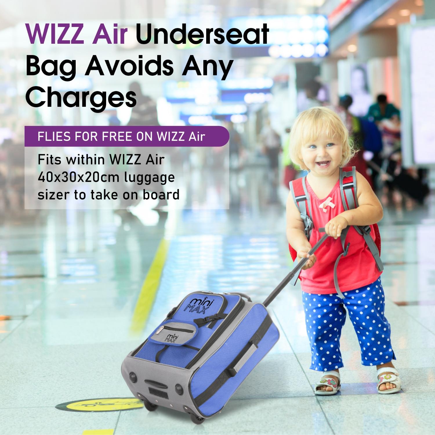 Aerolite MiniMAX New Ryanair 40x30x20 Maximum Size Cabin Underseat Trolley Backpack, also fits Wizz Air maximum size requirements, 2 Wheels