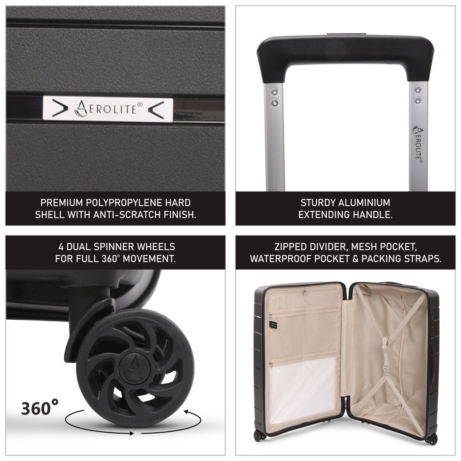 Aerolite Premium PP 2-Piece Luggage Set, Lightweight Polypropylene Hard Shell Suitcases with 4 Dual Spinner Wheels & TSA Lock, Expandable Cabin (21”), Large (28”), Expandable Carry-On Case Included – Black