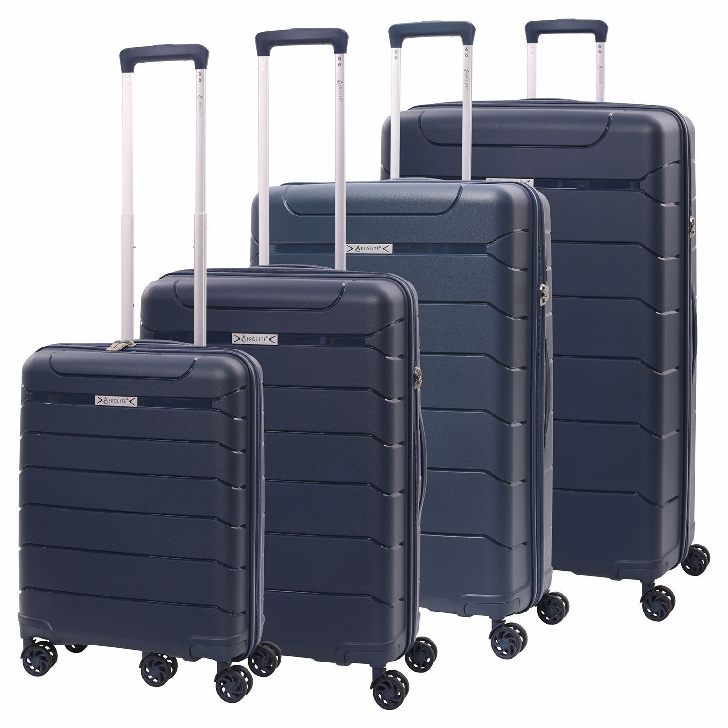 Aerolite Premium PP 4 Piece Hard Shell 4 Dual Wheel Spinner Travel Luggage Suitcase Set , Expandable Cabin + Medium + Large + Extra Large - Navy