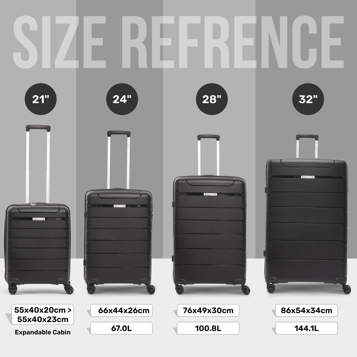 Aerolite Premium PP 4 Piece Hard Shell 4 Dual Wheel Spinner Travel Luggage Suitcase Set , Expandable Cabin + Medium + Large + Extra Large - Black