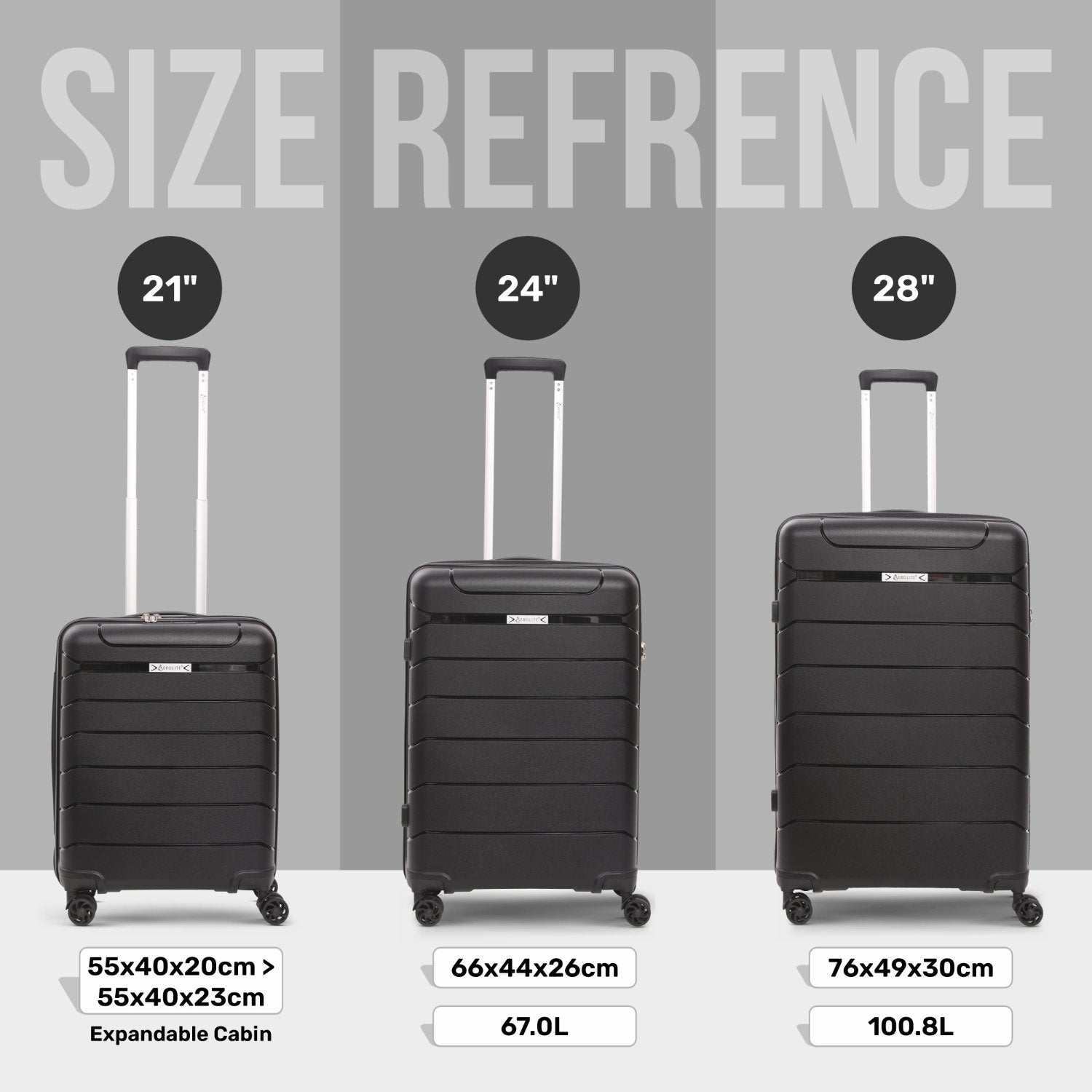 Aerolite Premium PP 3-Piece Luggage Set, Lightweight Polypropylene Hard Shell Suitcases with 4 Dual Spinner Wheels & TSA Lock, Expandable Cabin (21”), Medium (24”), Large (28”), Expandable Carry-On Case Included – Black