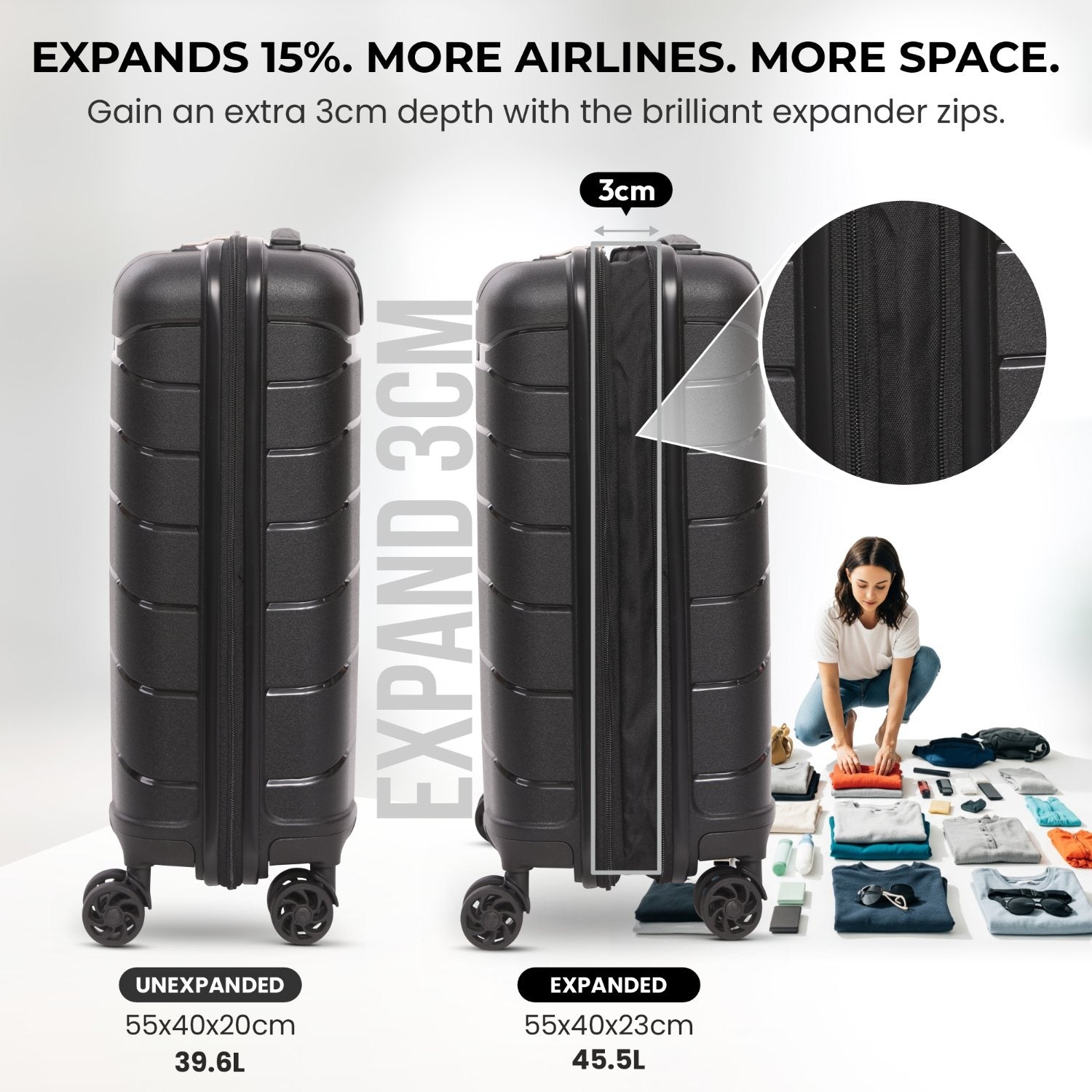 Aerolite Premium PP 2-Piece Luggage Set, Lightweight Polypropylene Hard Shell Suitcases with 4 Dual Spinner Wheels & TSA Lock, Expandable Cabin (21”), Large (28”), Expandable Carry-On Case Included – Black