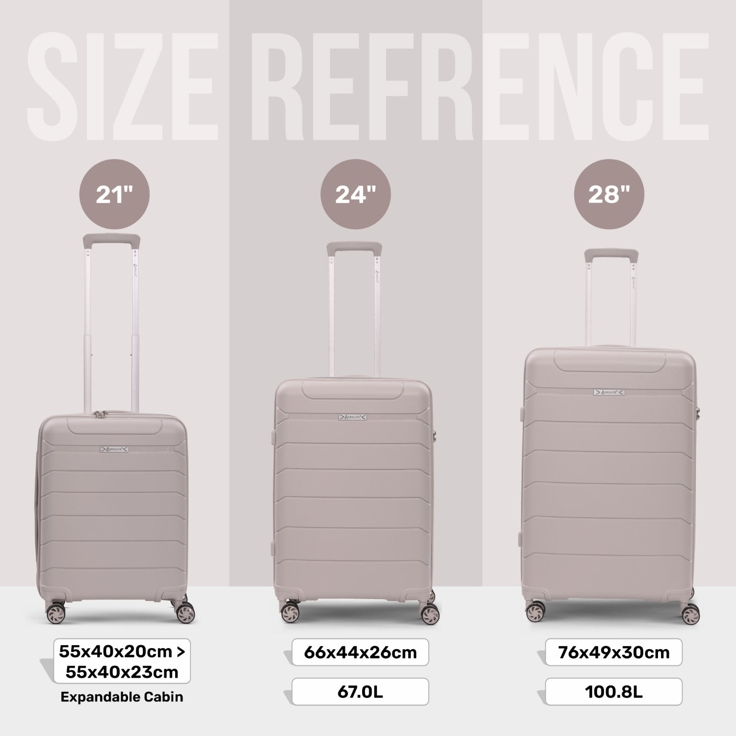 Aerolite Premium PP 3-Piece Luggage Set, Lightweight Polypropylene Hard Shell Suitcases with 4 Dual Spinner Wheels & TSA Lock, Expandable Cabin (21”), Medium (24”), Large (28”), Expandable Carry-On Case Included – Cream