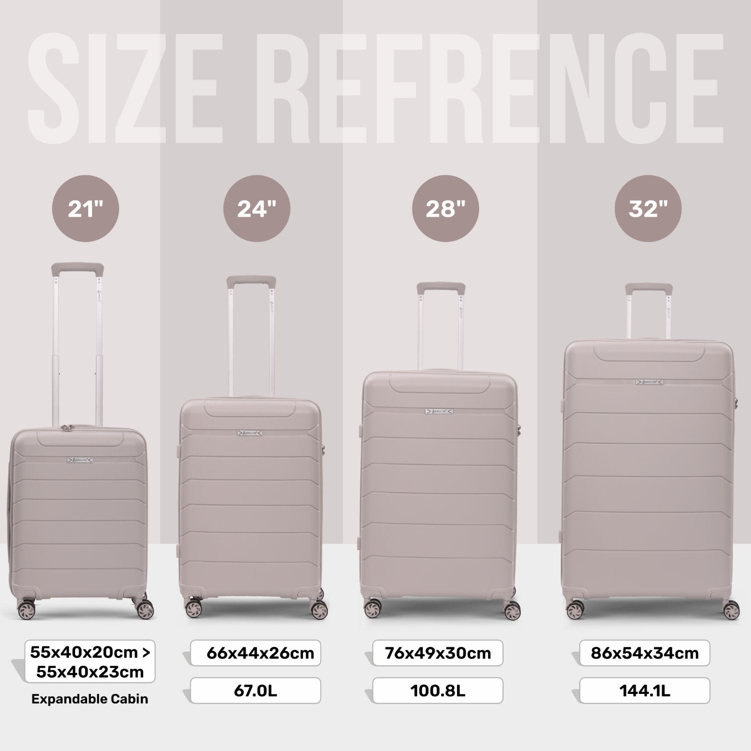 Aerolite Premium PP 4 Piece Hard Shell 4 Dual Wheel Spinner Travel Luggage Suitcase Set , Expandable Cabin + Medium + Large + Extra Large - Cream