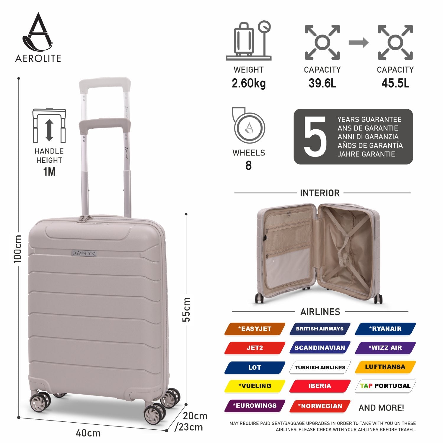 Aerolite Premium PP 2-Piece Luggage Set, Lightweight Polypropylene Hard Shell Suitcases with 4 Dual Spinner Wheels & TSA Lock, Expandable Cabin (21”), Large (28”) – Cream