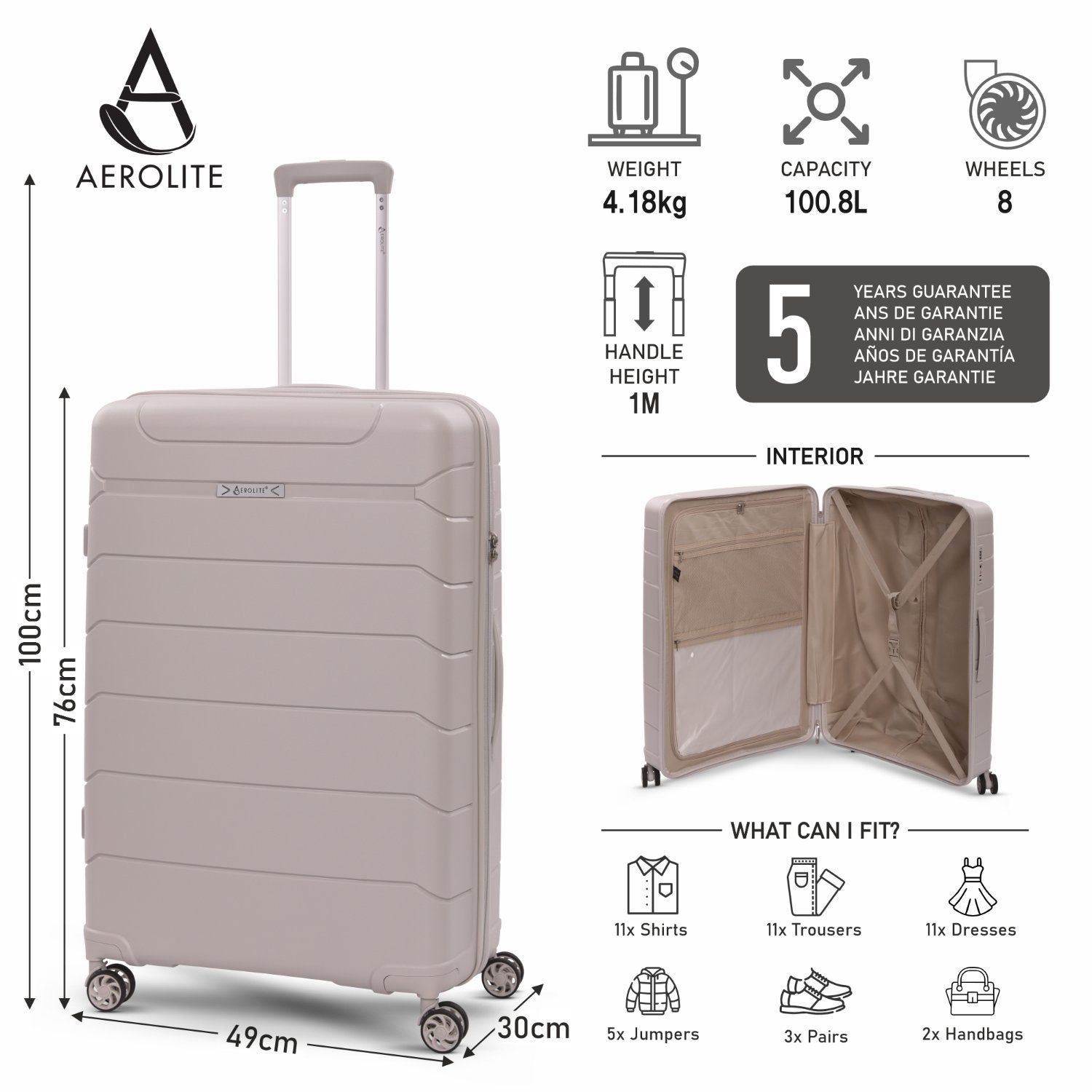 Aerolite 28” Large 100L Lightweight Polypropylene (PP) Check-In Suitcase – Hard Shell Luggage with Spinner Wheels, TSA Lock & Waterproof Pocket, Cream
